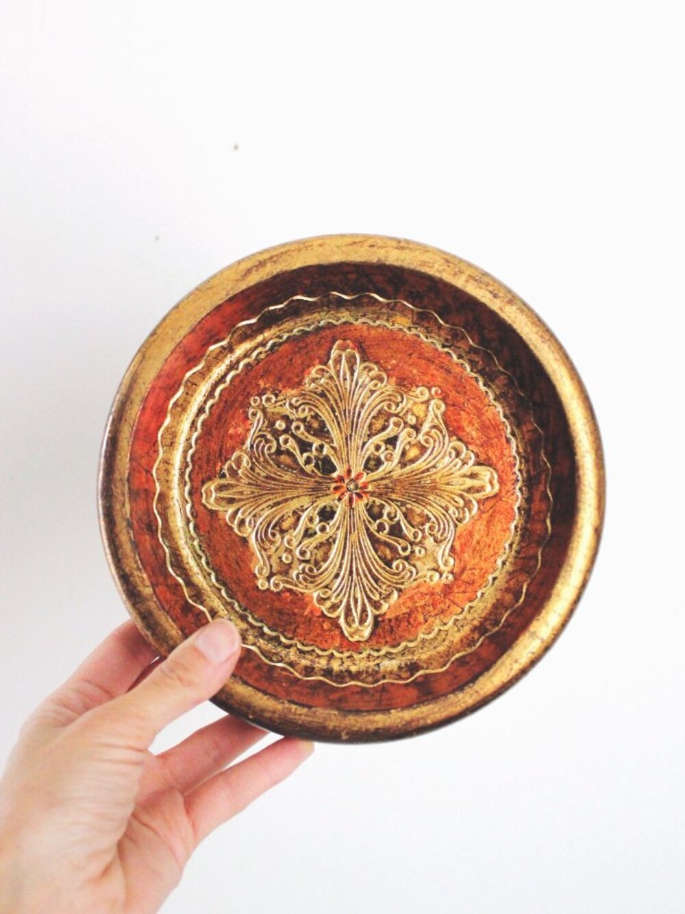 Vintage Florentia Hand-Painted Bowl Tray Dish Gold Red Italian Mid Century MCM